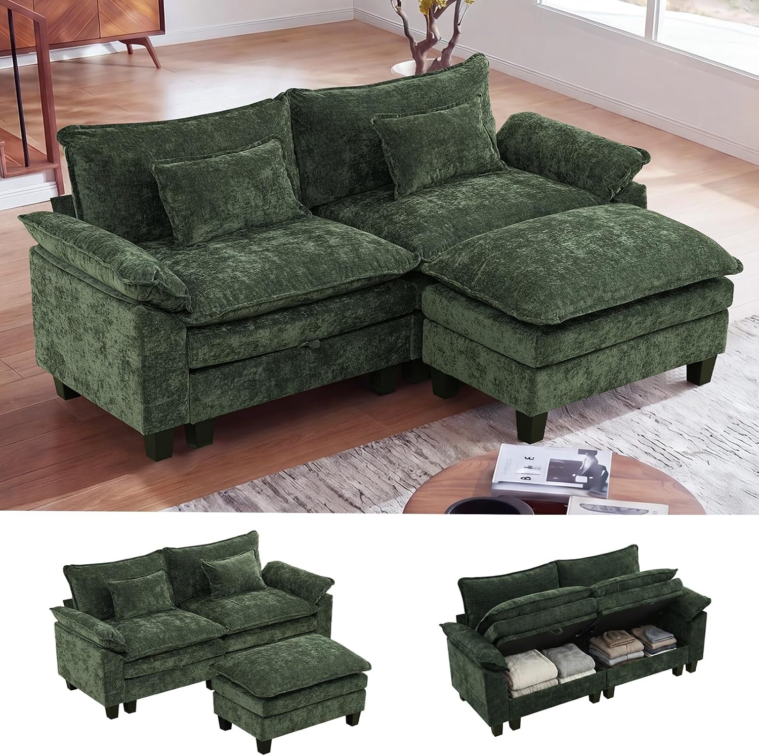 Forest green modular sectional with ottoman shown in a staged living room