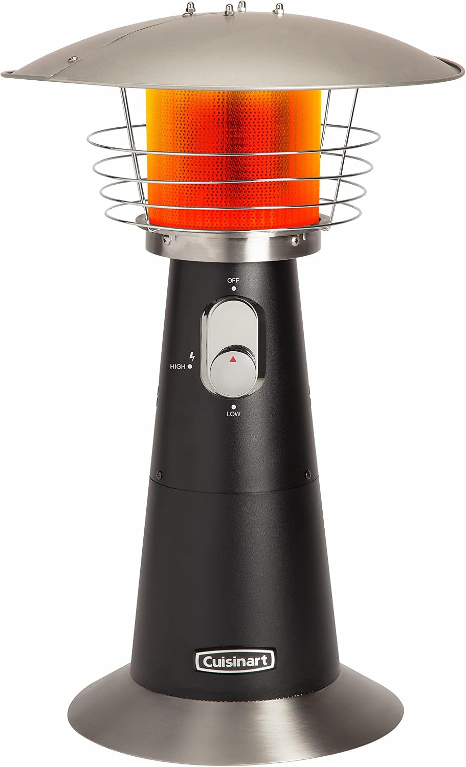 Black tabletop propane patio heater front view with glowing burner and control knob