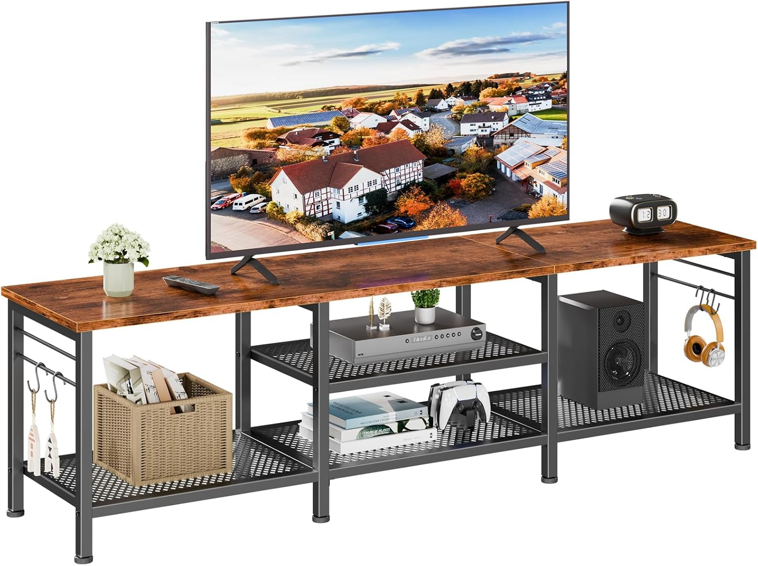 Wide view of the metal-framed console with brown wood top, mesh shelving and speaker