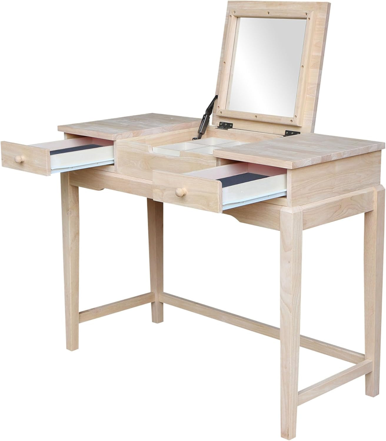 Front view of parawood vanity with flip-up mirror open and removable six-compartment storage box visible inside.