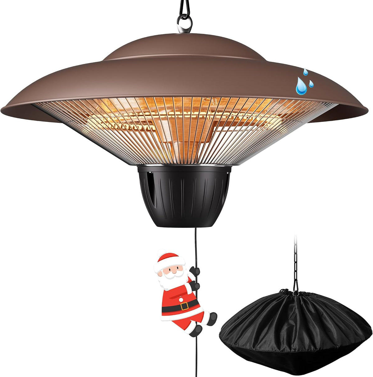 Brown hanging infrared patio heater close-up with illuminated carbon-fiber lamp and a dustproof cover shown at right