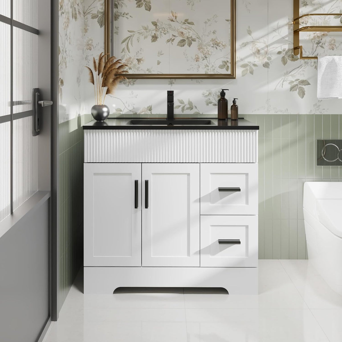 White vanity with black countertop, ribbed upper trim and two stacked drawers at right