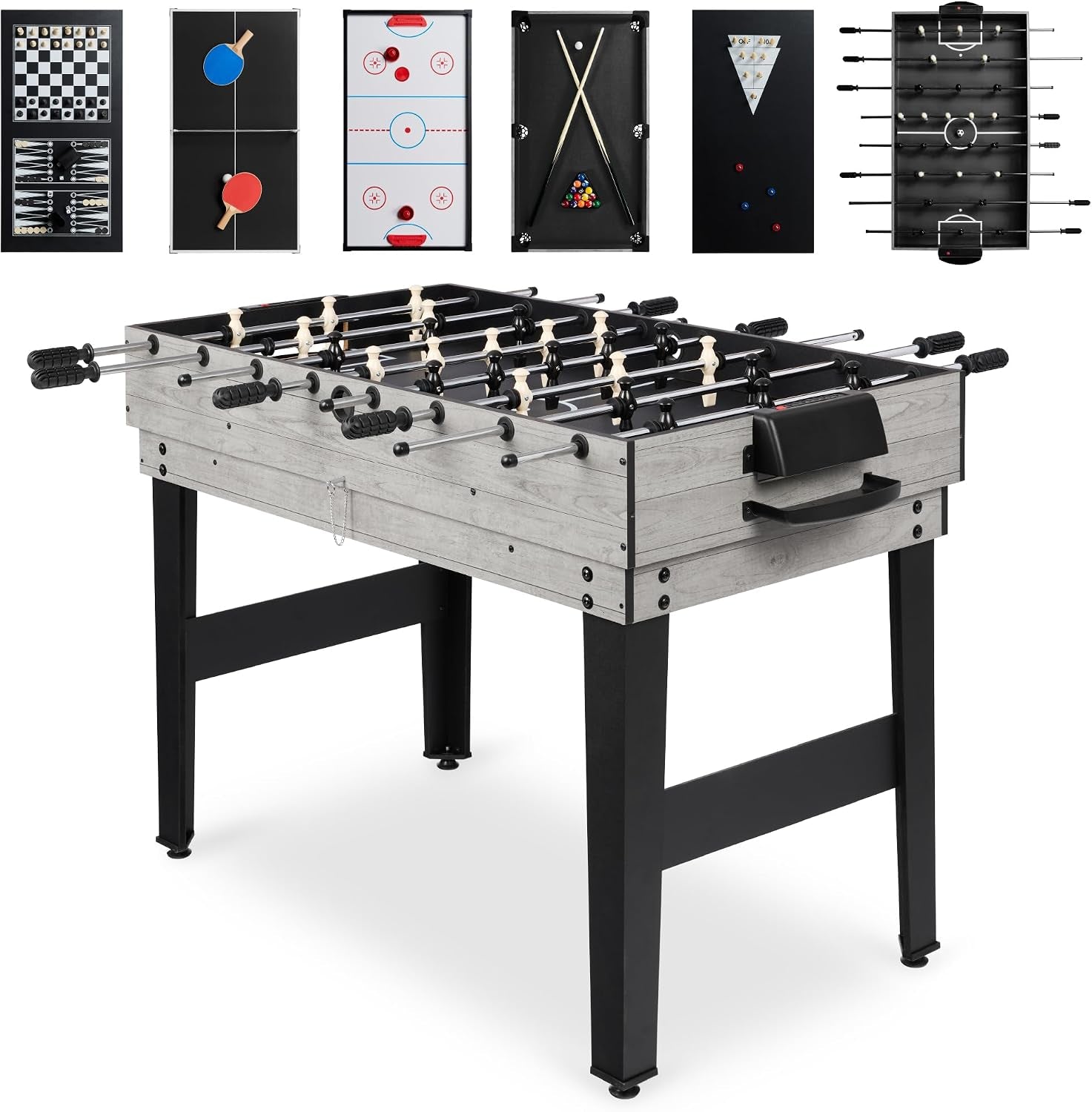 Gray foosball table angled front view on white background with small inset panels showing other game boards