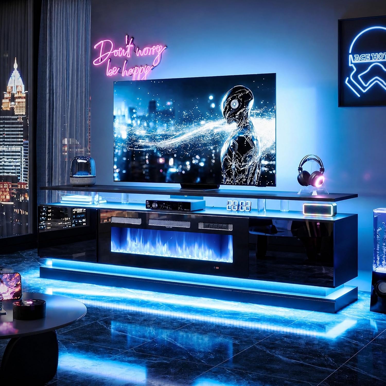 Black high-gloss TV stand with blue RGB lighting and a 36" electric fireplace in a dark living room setting