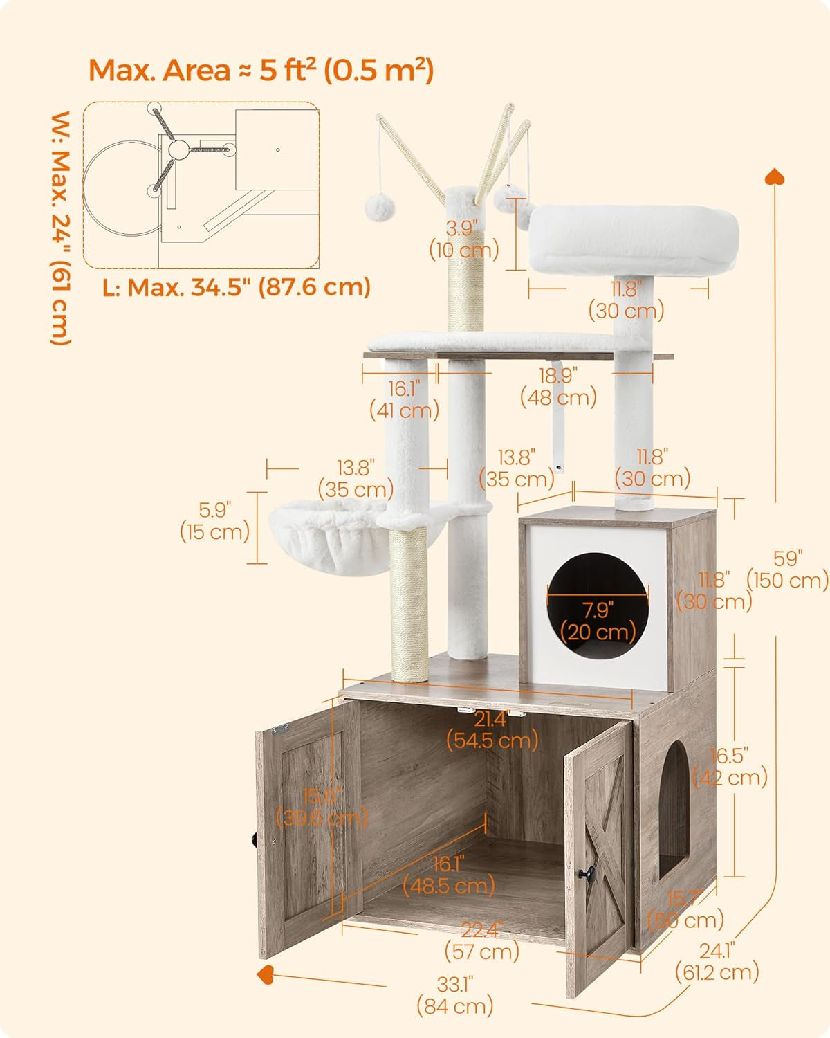 Dimension diagram showing labeled measurements and layout of the cat condo platforms and compartments