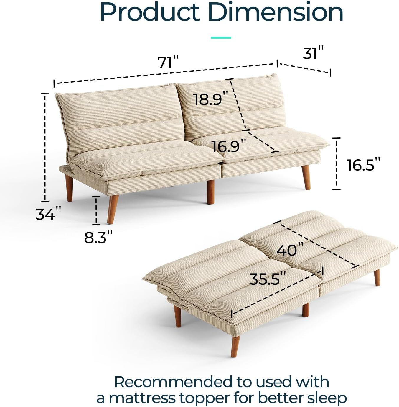 Dimension graphic overlay on beige futon showing its 71-inch length with seat and back measurements