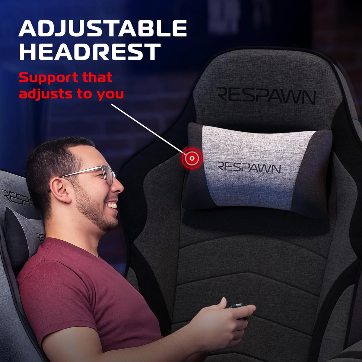 Close-up of adjustable headrest pillow and upper back on grey fabric recliner