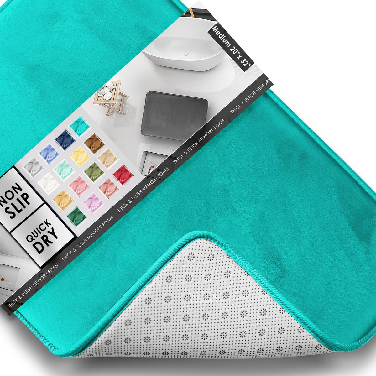 Bright teal rectangular rug with a lifted corner exposing the dotted non-slip backing and a colorful packaging insert.