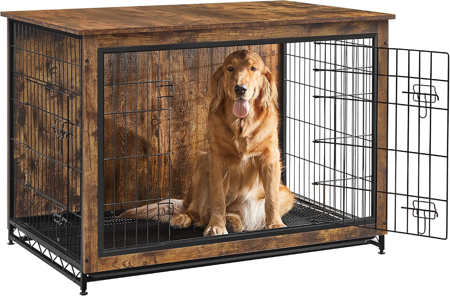 Dark wood dog crate shown with a large golden retriever sitting inside and the front door open.