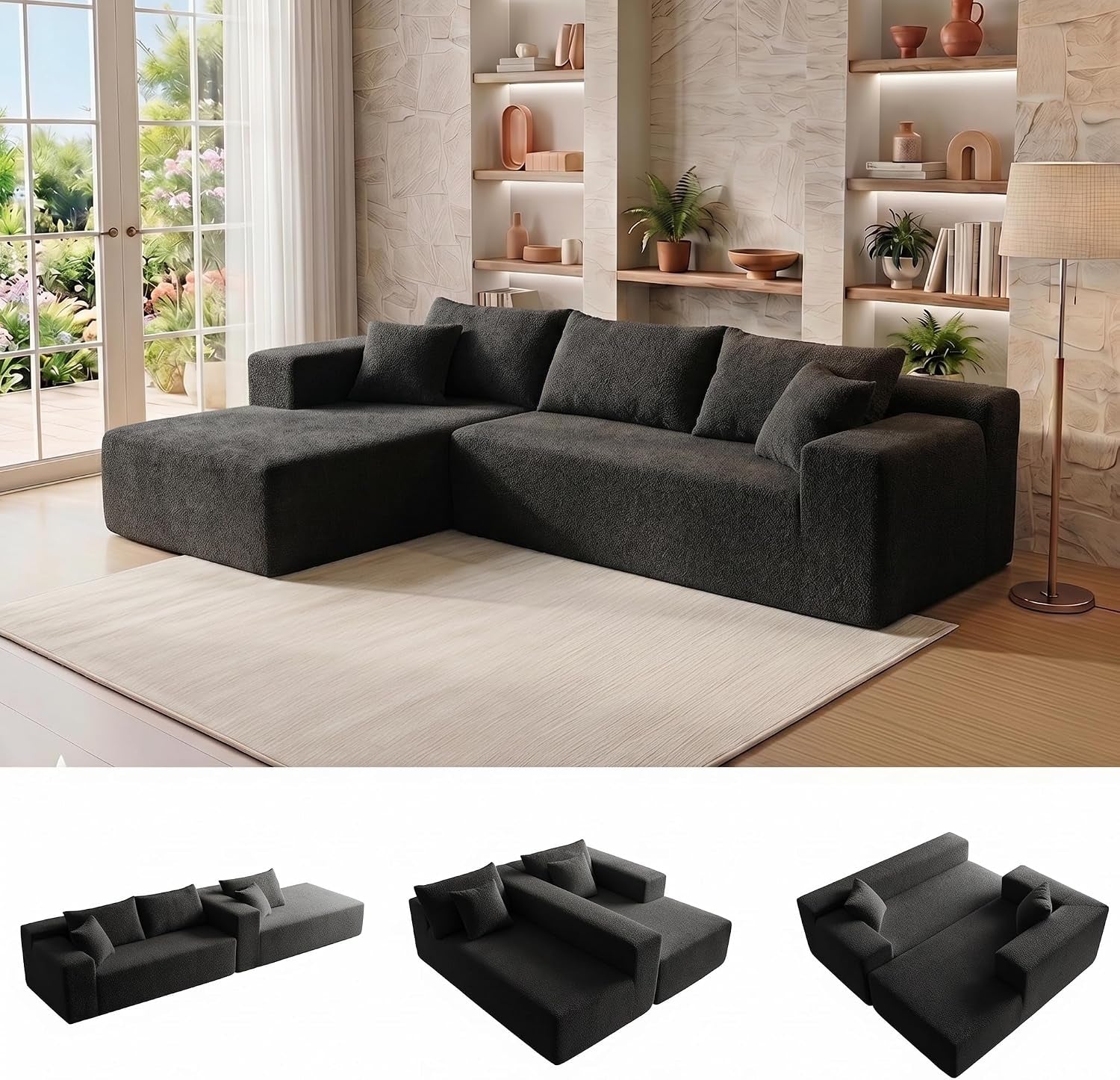 Deep charcoal modular L-shaped sectional with chaise in a room with textured shelves and floor lamp