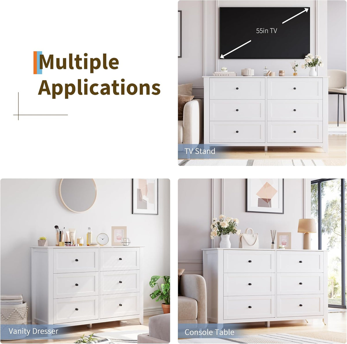 GarveeHome White 6 Drawer Dresser for Bedroom