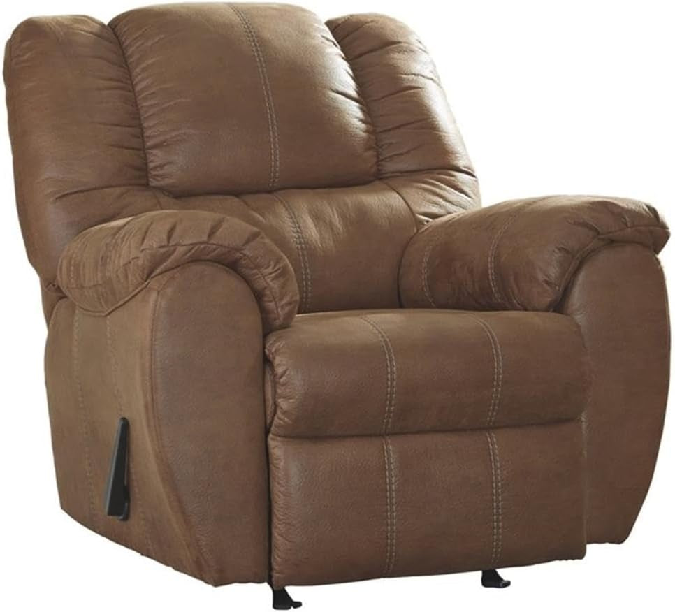 Cropped straight-on studio view of a brown faux-leather recliner with cushioned back and closed footrest.