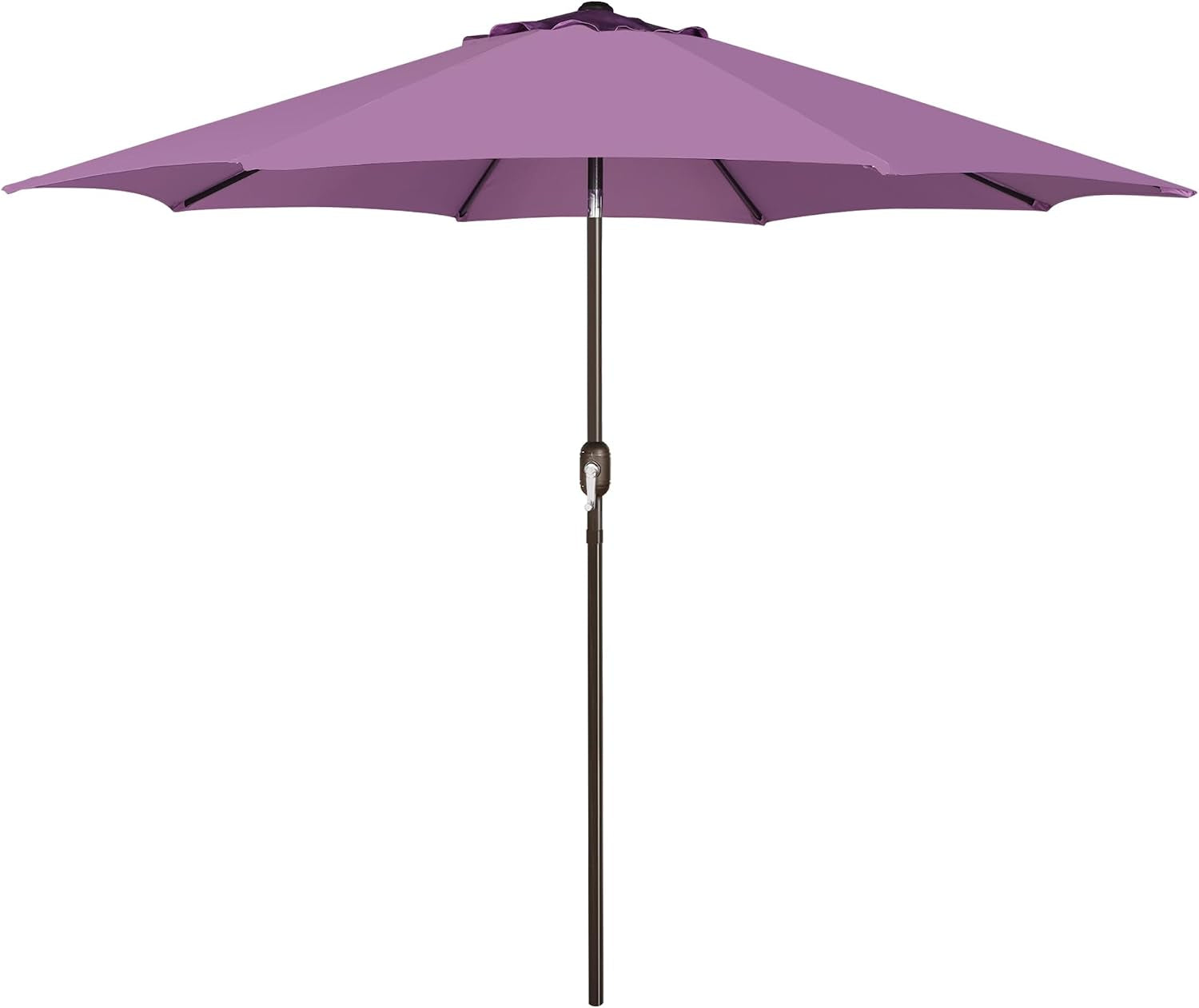 Front view of a dusty purple patio umbrella open on a brown pole with crank