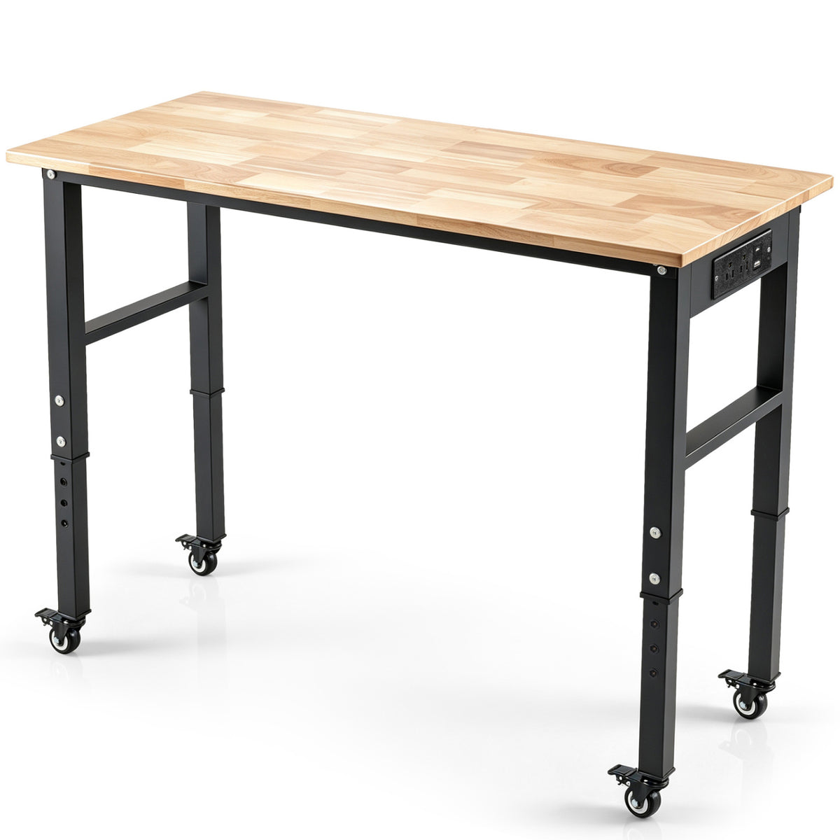 Workbench with a light wood top, black metal frame, adjustable legs, caster wheels, and a side power panel.