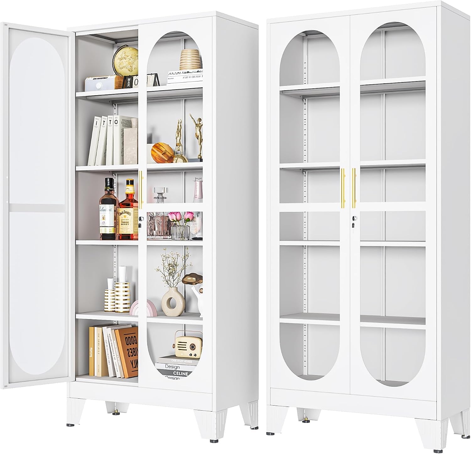 Angled view of two white cabinets with gold handles, left unit opened to reveal books and decor