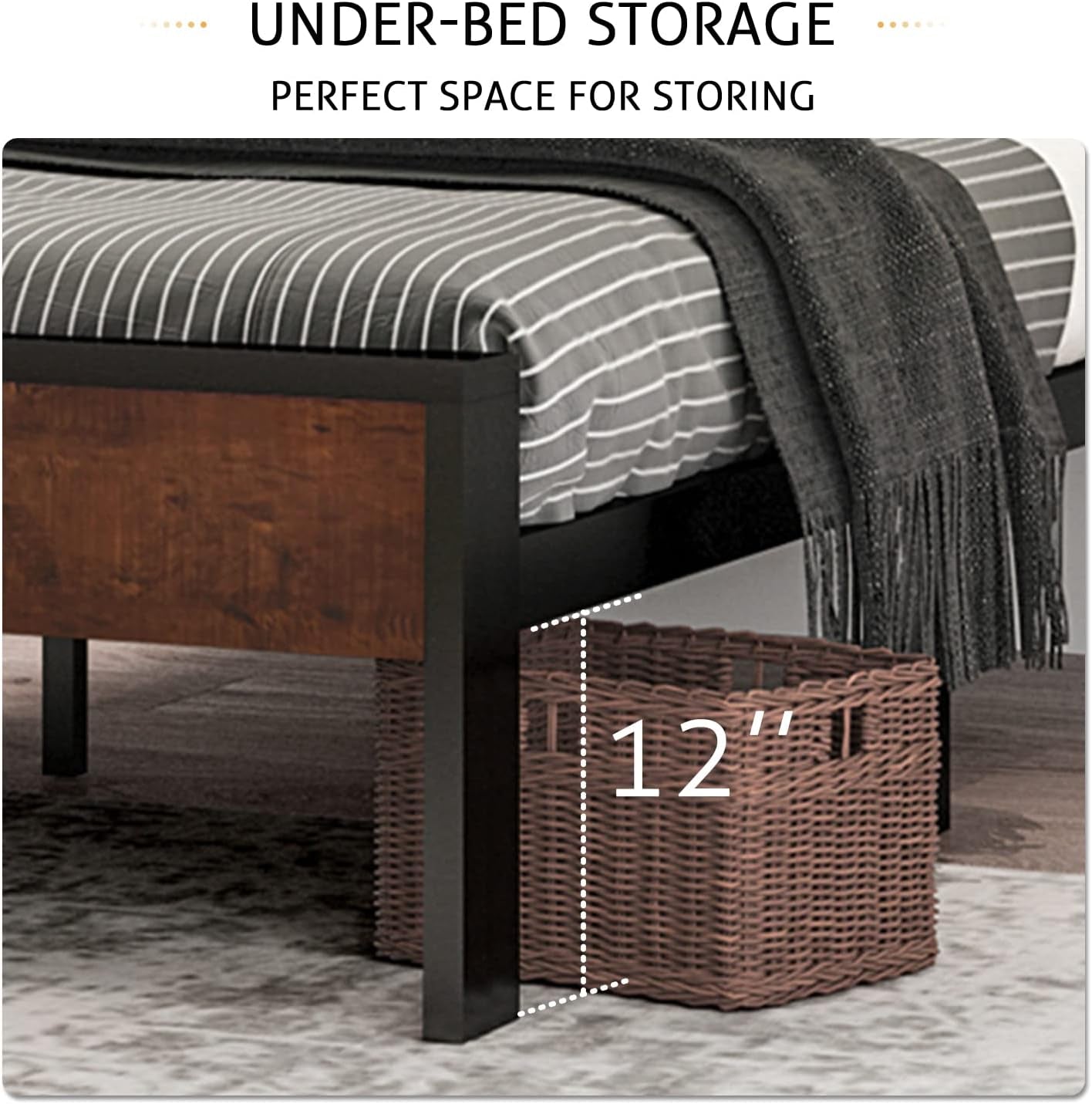 Close-up showing approximately 12 inches of under‑bed clearance with a woven storage basket beneath