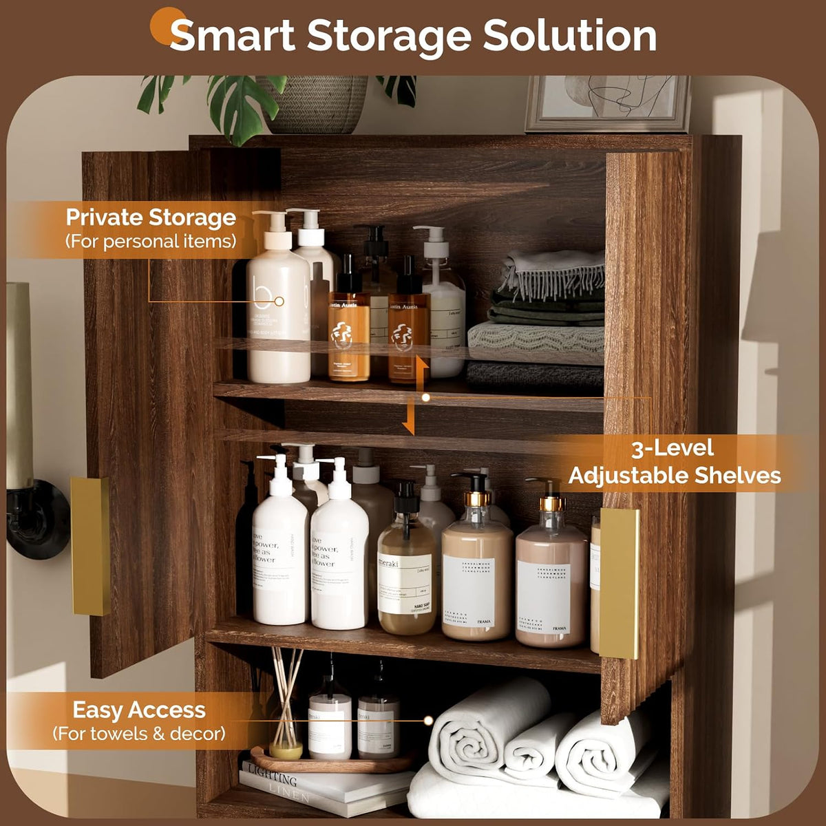 Interior view of the upper enclosed cabinet showing three height-adjustable shelves and the open lower shelf holding towels