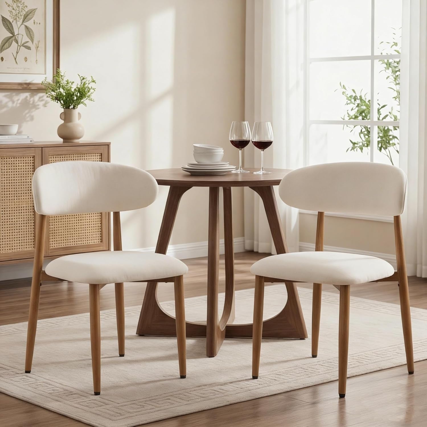 Two beige upholstered dining chairs flanking a small round wood table set with two wine glasses, in a sunlit dining nook