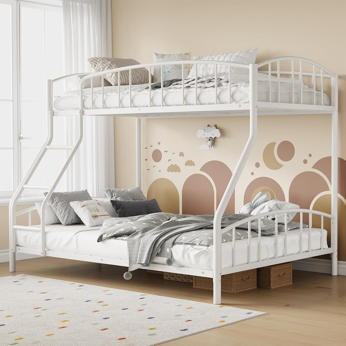 White metal twin-over-full bunk bed with side ladder, placed by a window with soft bedding and wall art.