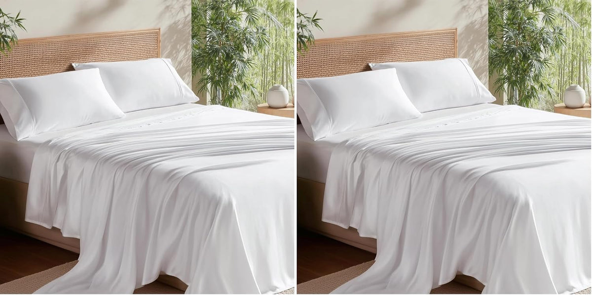 Side-by-side overhead views of a made bed with bright white sheets and two pillows, fabric draping to the floor.