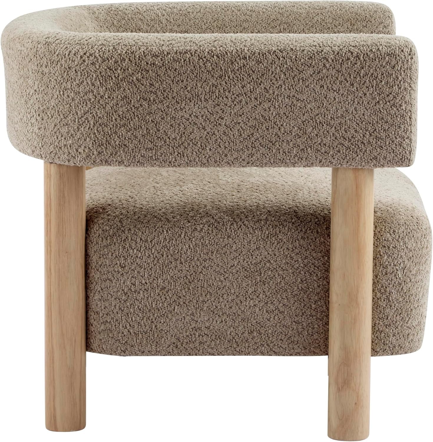 Side profile of a low rounded accent chair with boucle upholstery and four light wood cylindrical legs