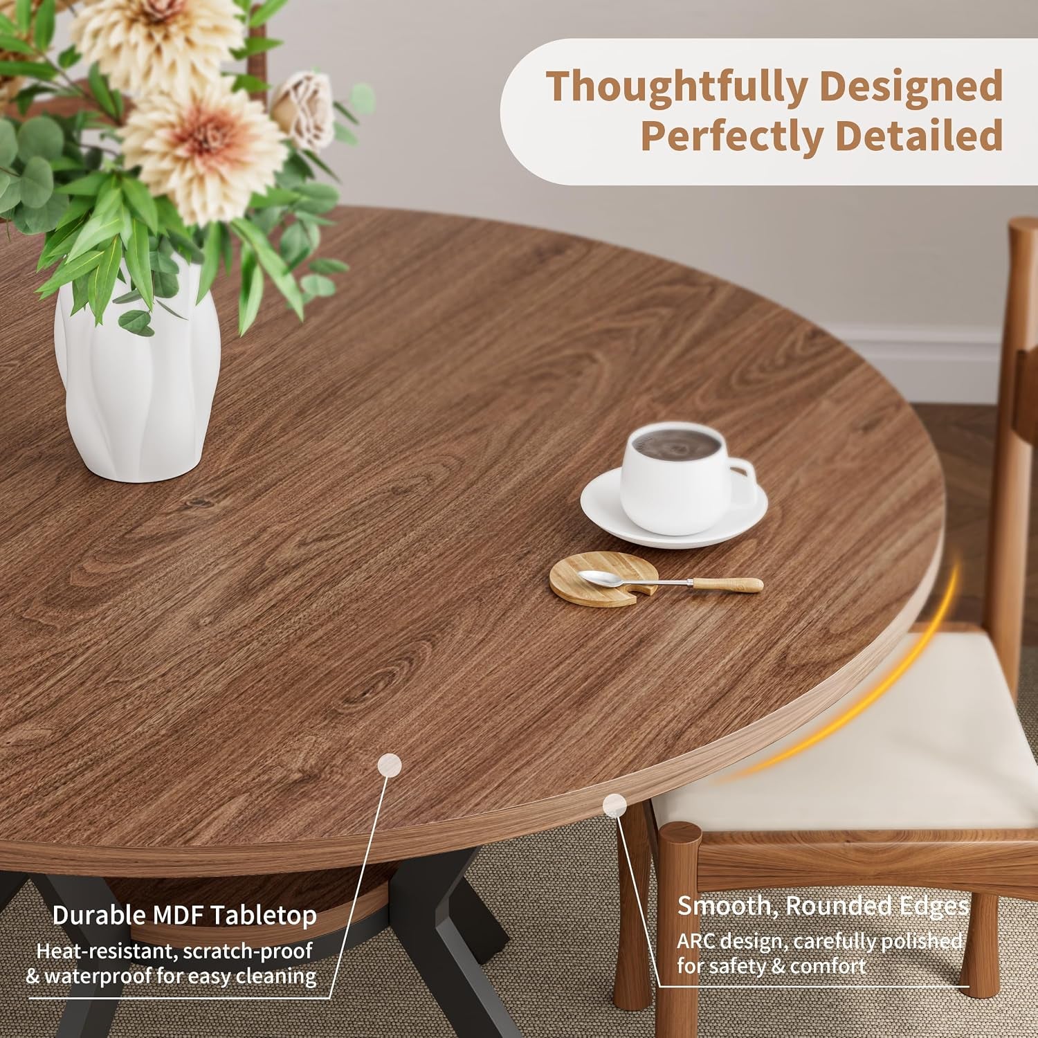 Close-up of the tabletop edge showing wood grain finish with a cup and small vase on top