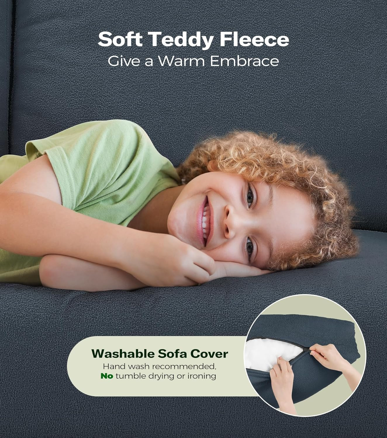 Close-up of grey Teddy fleece upholstery with a child resting on the cushion and a hands zipping a removable cover