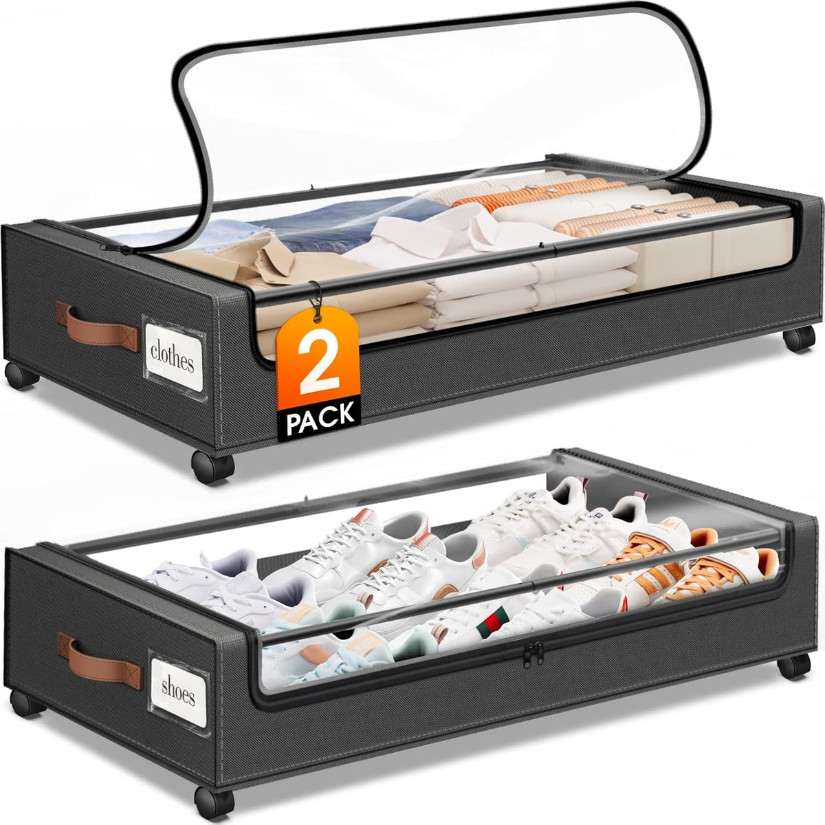 Two dark grey underbed storage boxes shown side-by-side with clear front windows revealing folded clothes and shoes