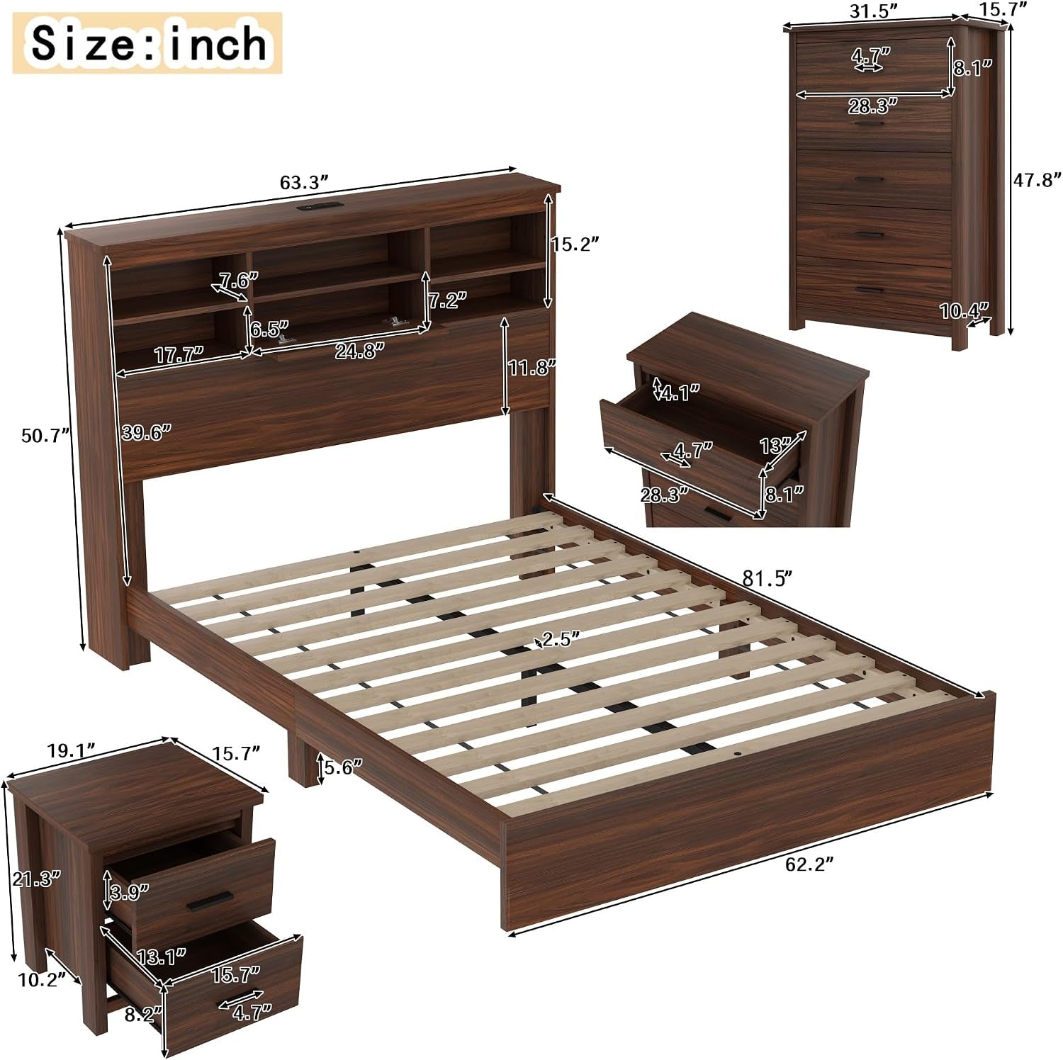 Annotated dimensional diagram of queen platform bed, headboard, nightstand and dresser showing measurements