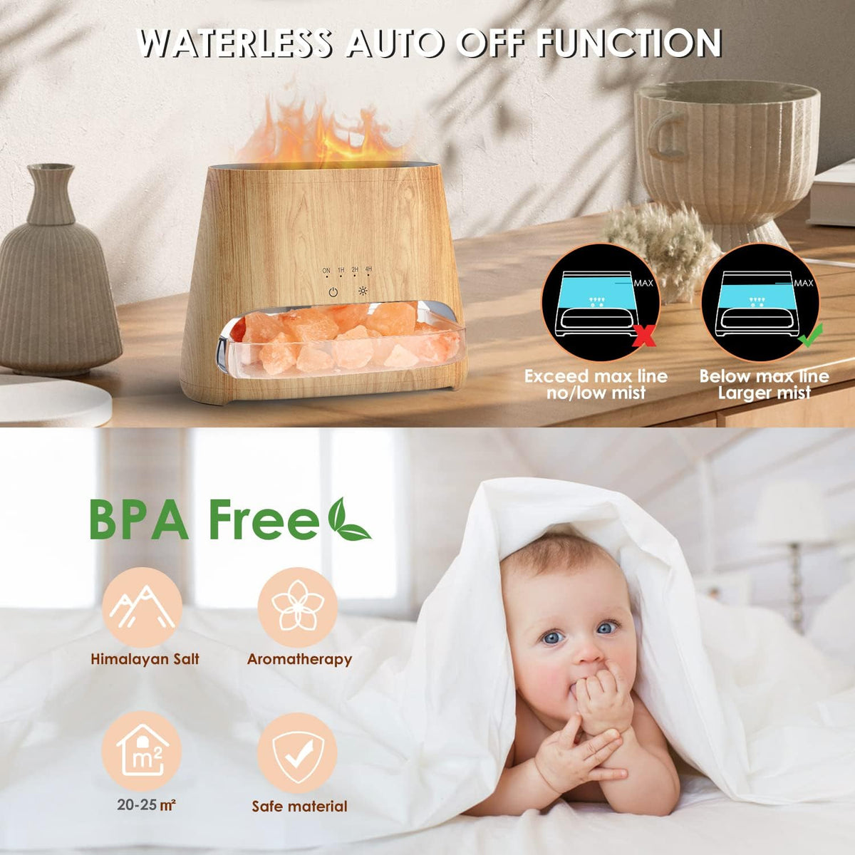 Wood-grain diffuser on a table with Himalayan salt crystals and illustrated icons indicating coverage and safe material