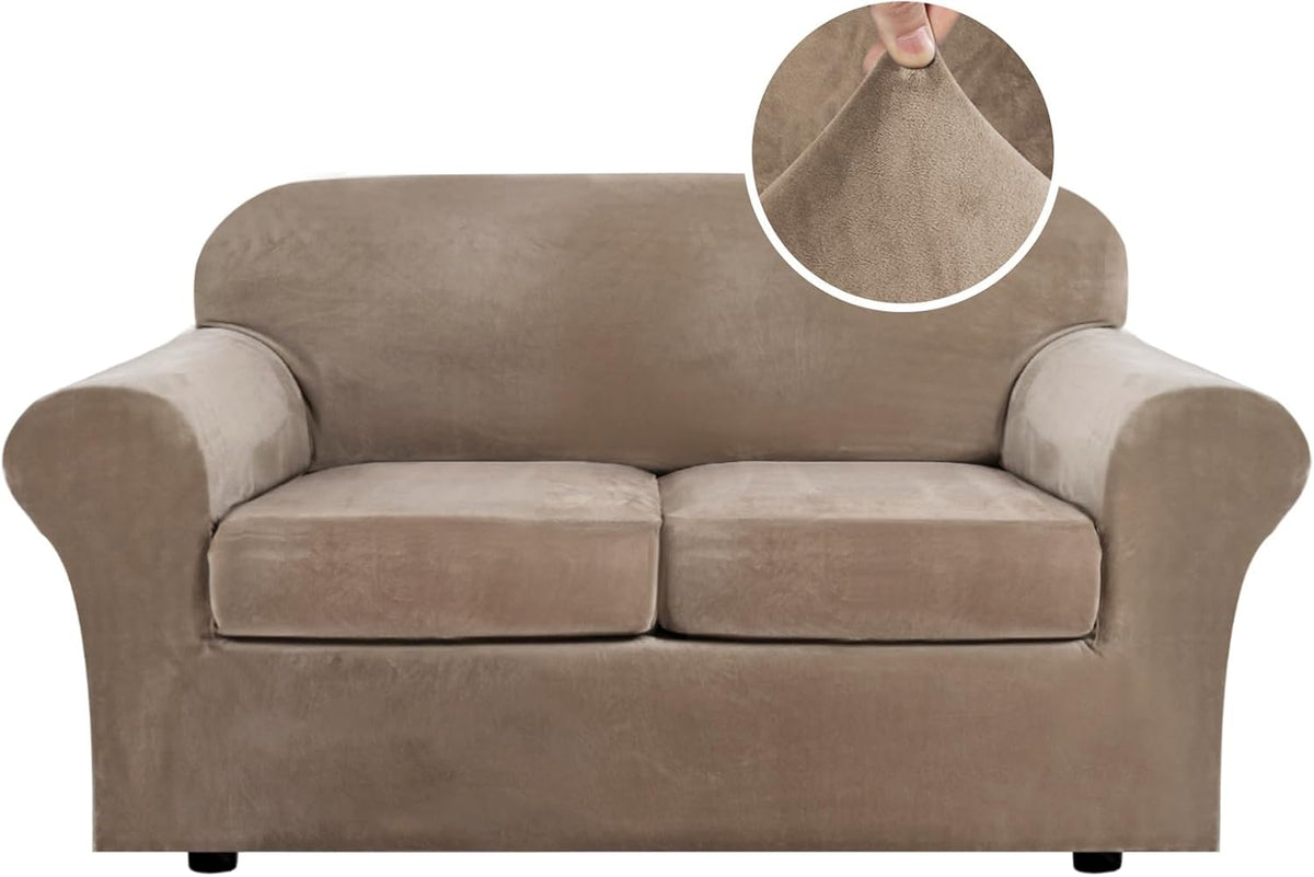 Front view of a three-seat sofa in light taupe showing separate seat cushions and a fabric texture inset.