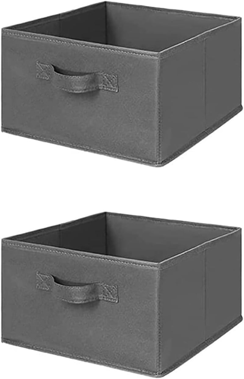 Two grey square fabric storage bins with stitched handles shown one above the other.