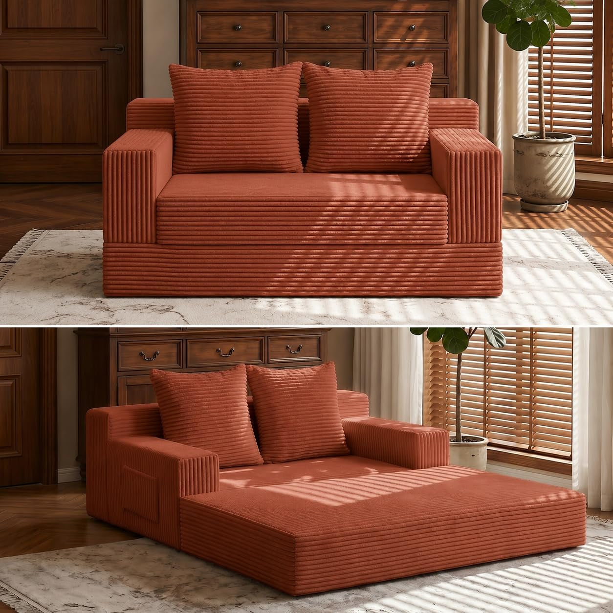 Warm rust-colored corduroy loveseat shown upright above and unfolded into a wide bed below.