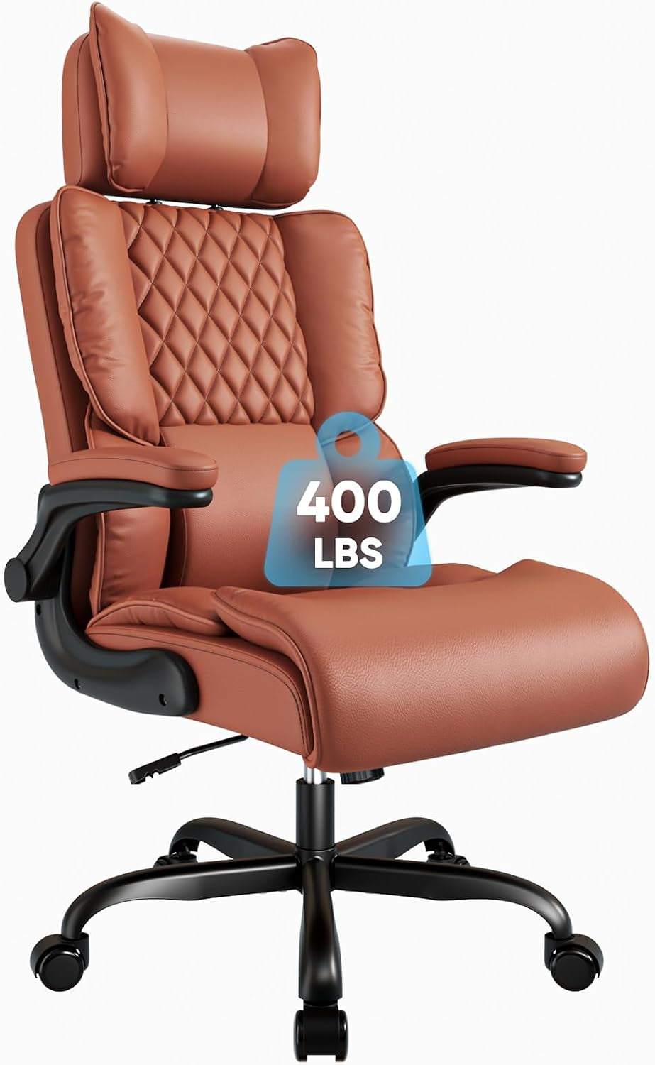 Isolated brown leather-look office chair with quilted back panel and flip-up arms on white background.