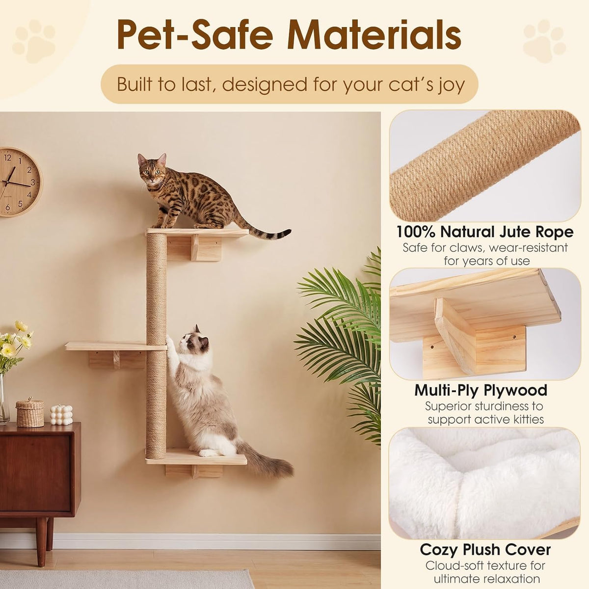 Close-up of sisal-wrapped vertical scratching post and a plywood shelf with plush perch details