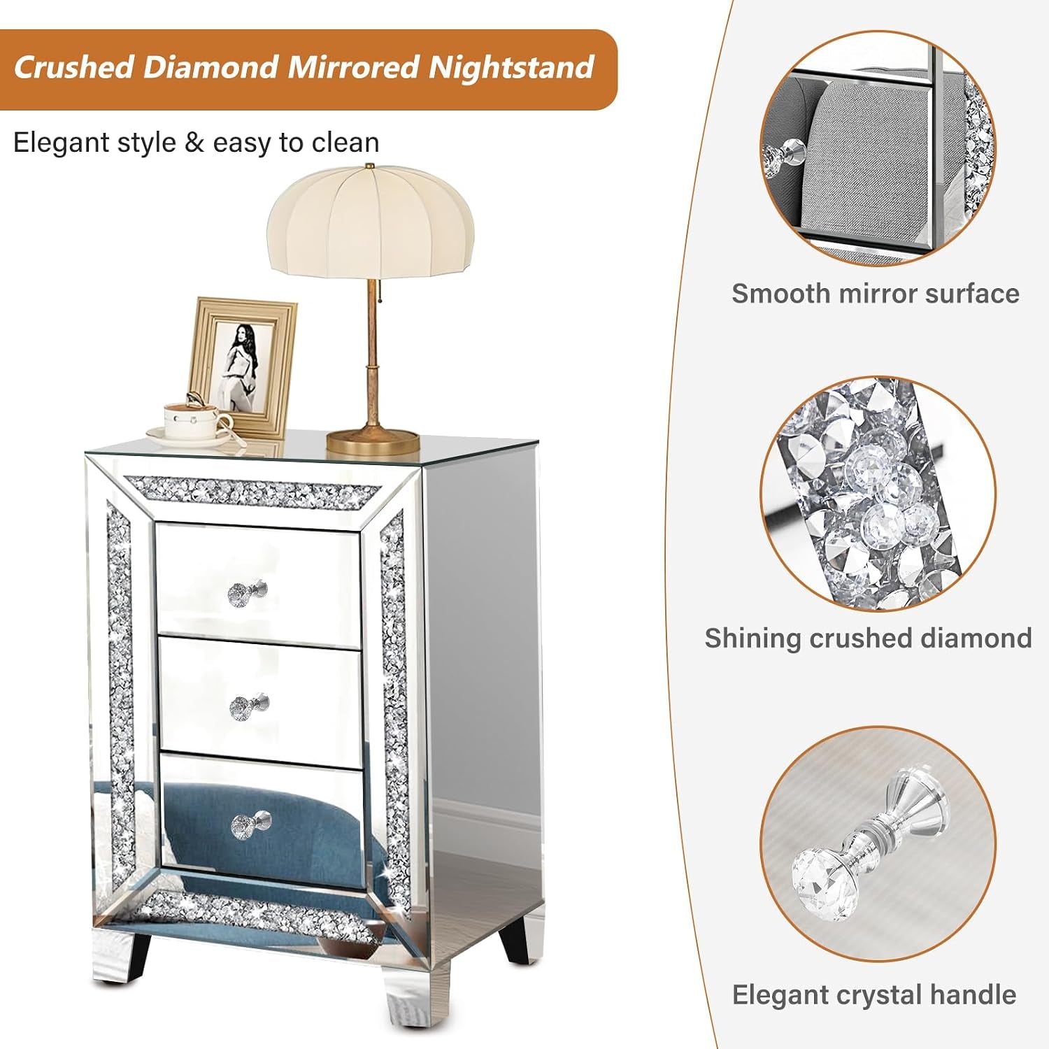Tall angled view highlighting smooth mirror surface, shining crushed-diamond trim and an elegant crystal drawer knob