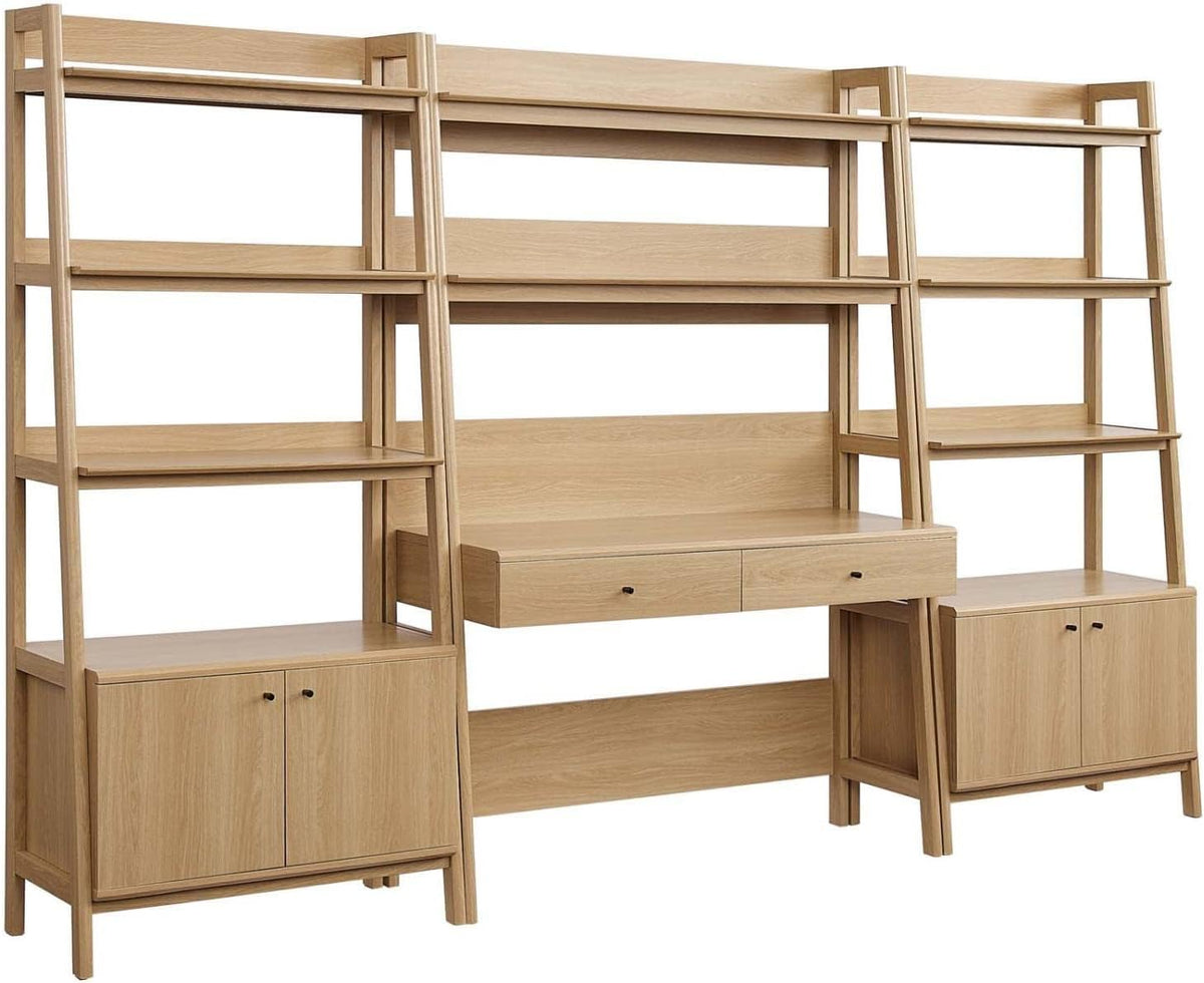 Oak finish 3-piece office set, angled front view showing 49-inch desk, tiered shelves and lower cabinets