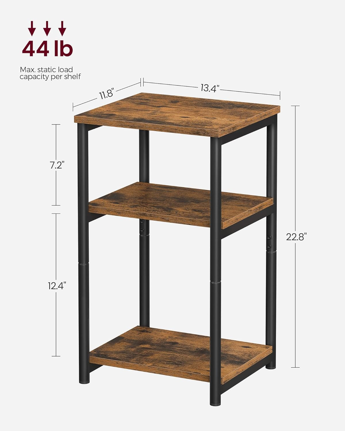 Diagram of the table with dimensions 11.8" depth, 13.4" width and 22.8" height on a white background
