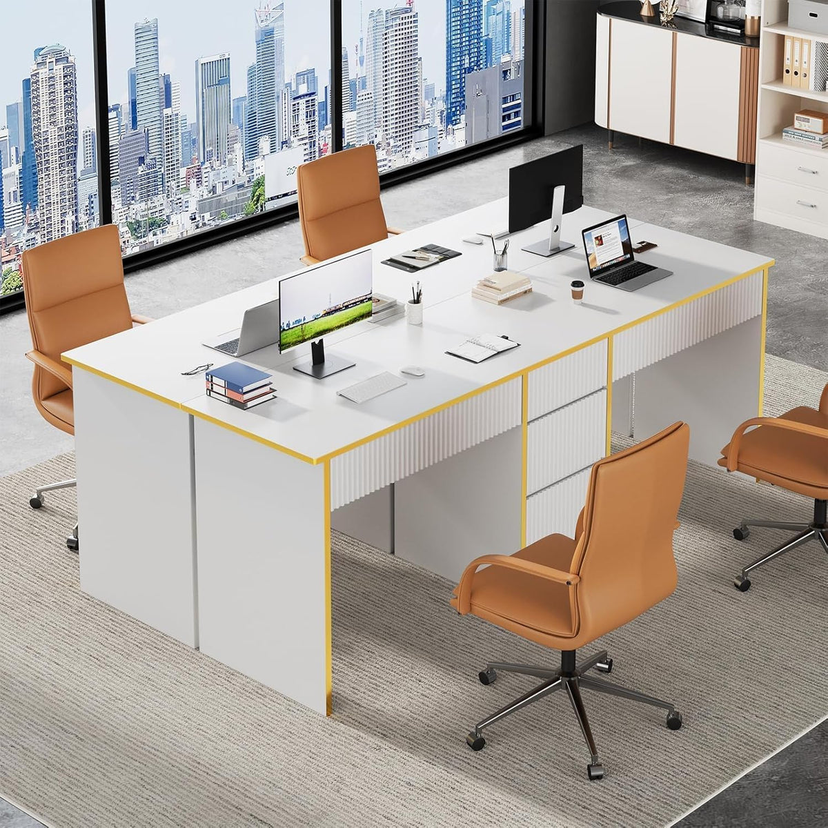 4 EVER WINNER 78" Two Person Computer Desk with 5 Drawers, White and Gold | Double Desk for 2 People with 5, gallery view 7
