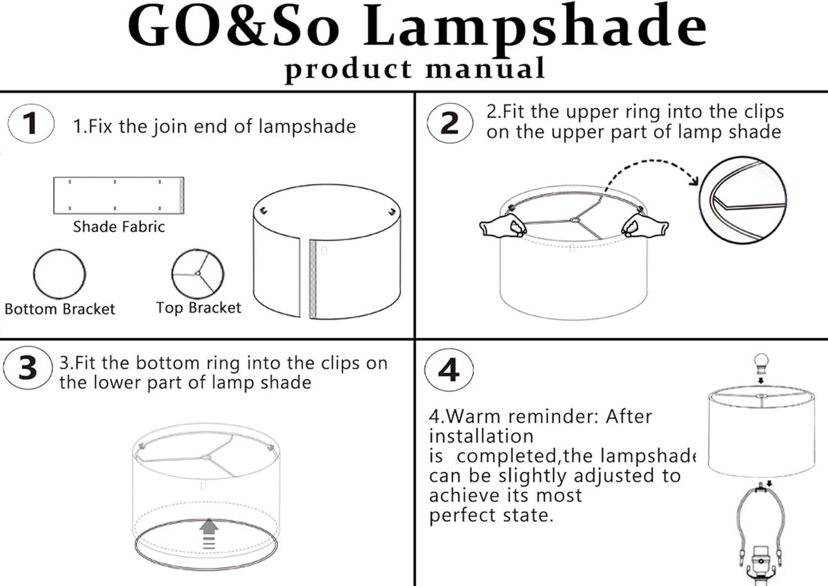 Black-and-white step-by-step diagrams showing how to attach top and bottom rings to a drum lampshade