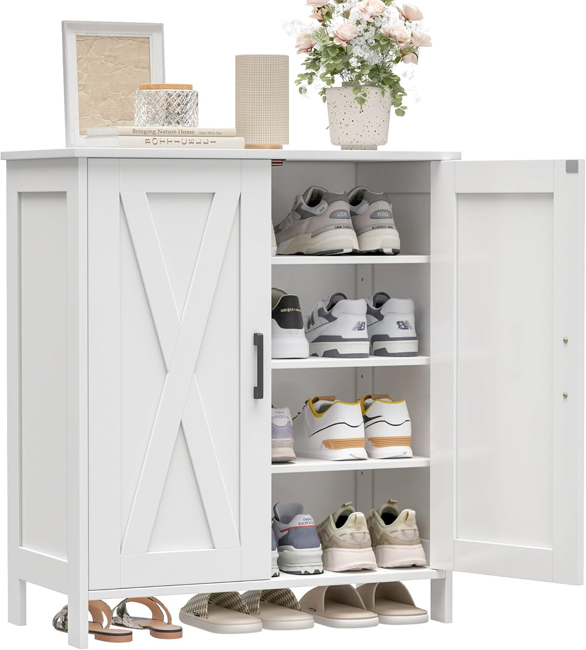 Front view of the cabinet with one door open revealing four shelves of shoes and slippers stored below.