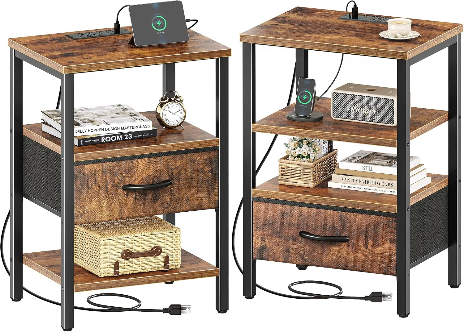 Two angled views side-by-side showing rustic brown wood nightstand with fabric drawer, shelf styling and charging cord