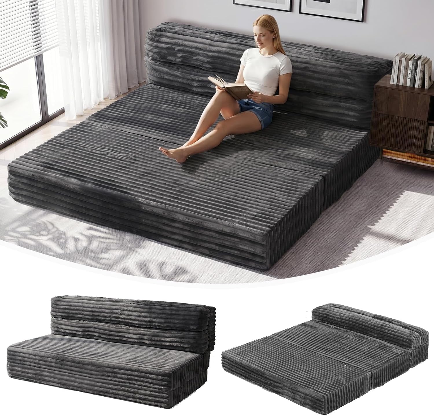 Room scene with a woman sitting on the unfolded gray corduroy floor couch; two small product arrangement images below.