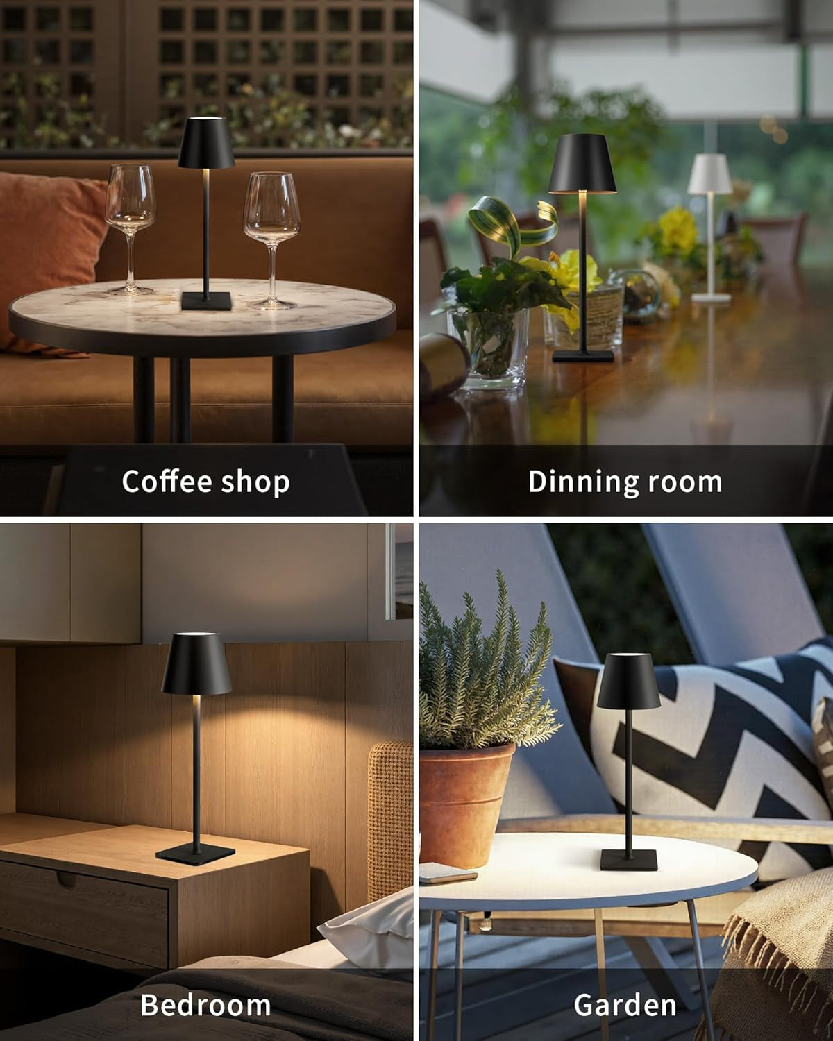 Collage showing the cordless table lamp used in a coffee shop, dining room, bedroom and garden settings
