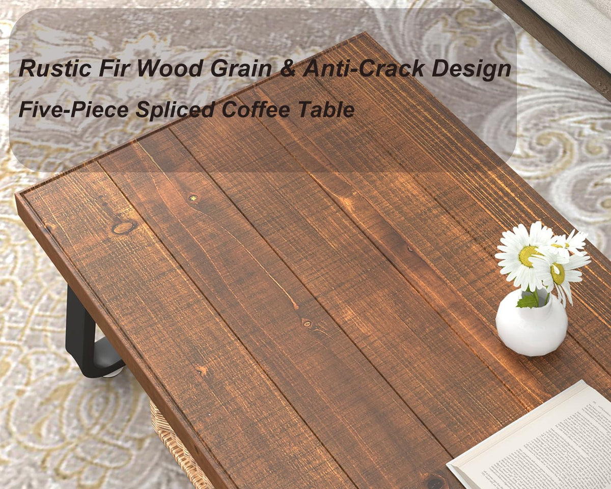 Close-up of the rustic fir tabletop showing visible wood grain with a small white vase of daisies on top