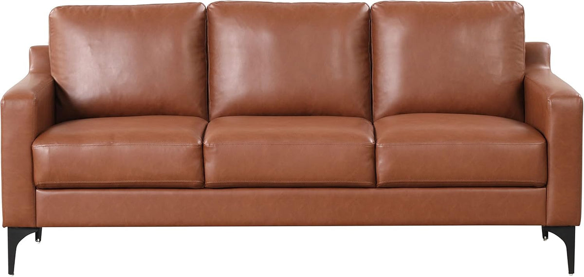 Brown faux-leather 3-seat sofa front-on studio view showing seat and back cushions and metal legs