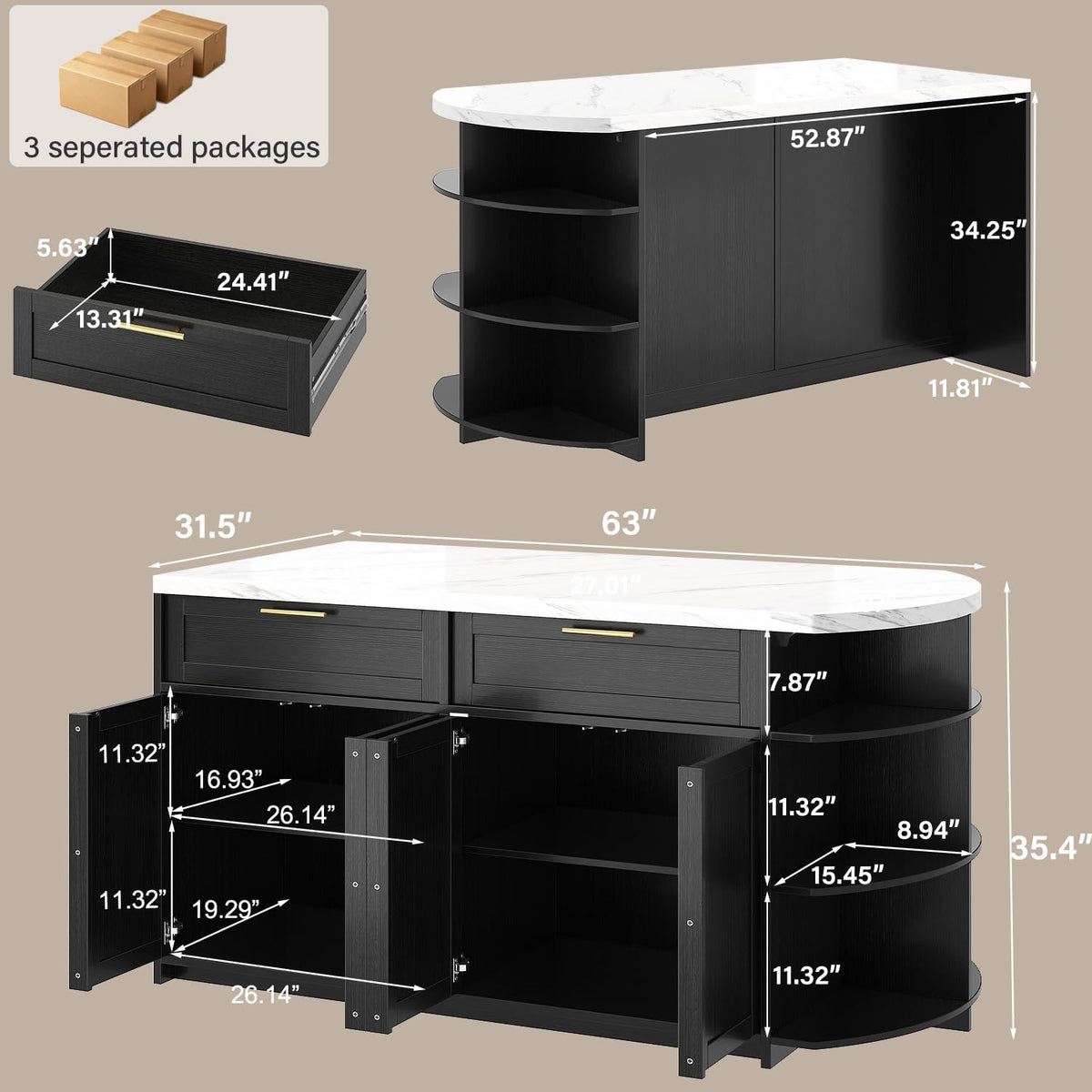 Kitchen island dimension diagram on beige background showing countertop, drawer and shelf measurements