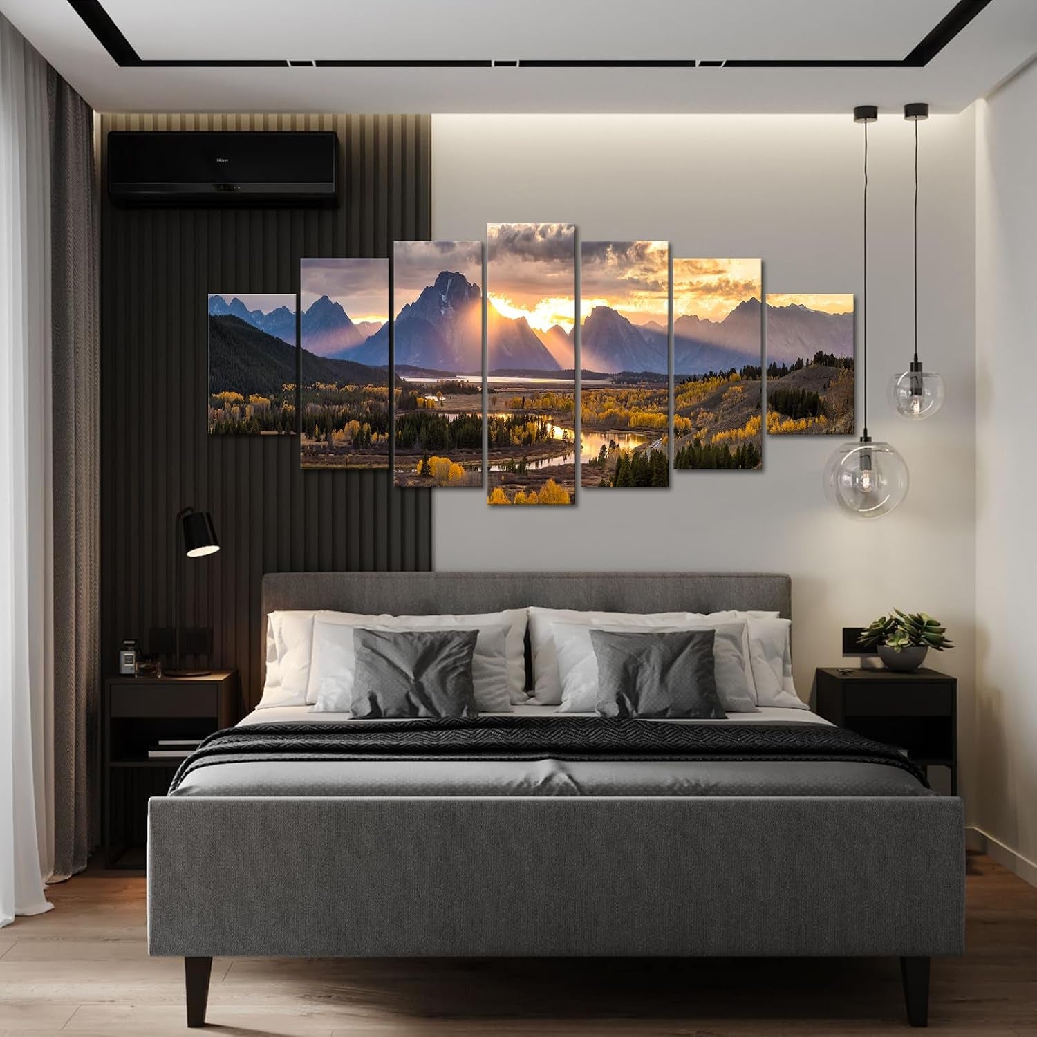 Seven-piece Grand Teton canvas mounted above a bed in a contemporary bedroom with pendant lighting