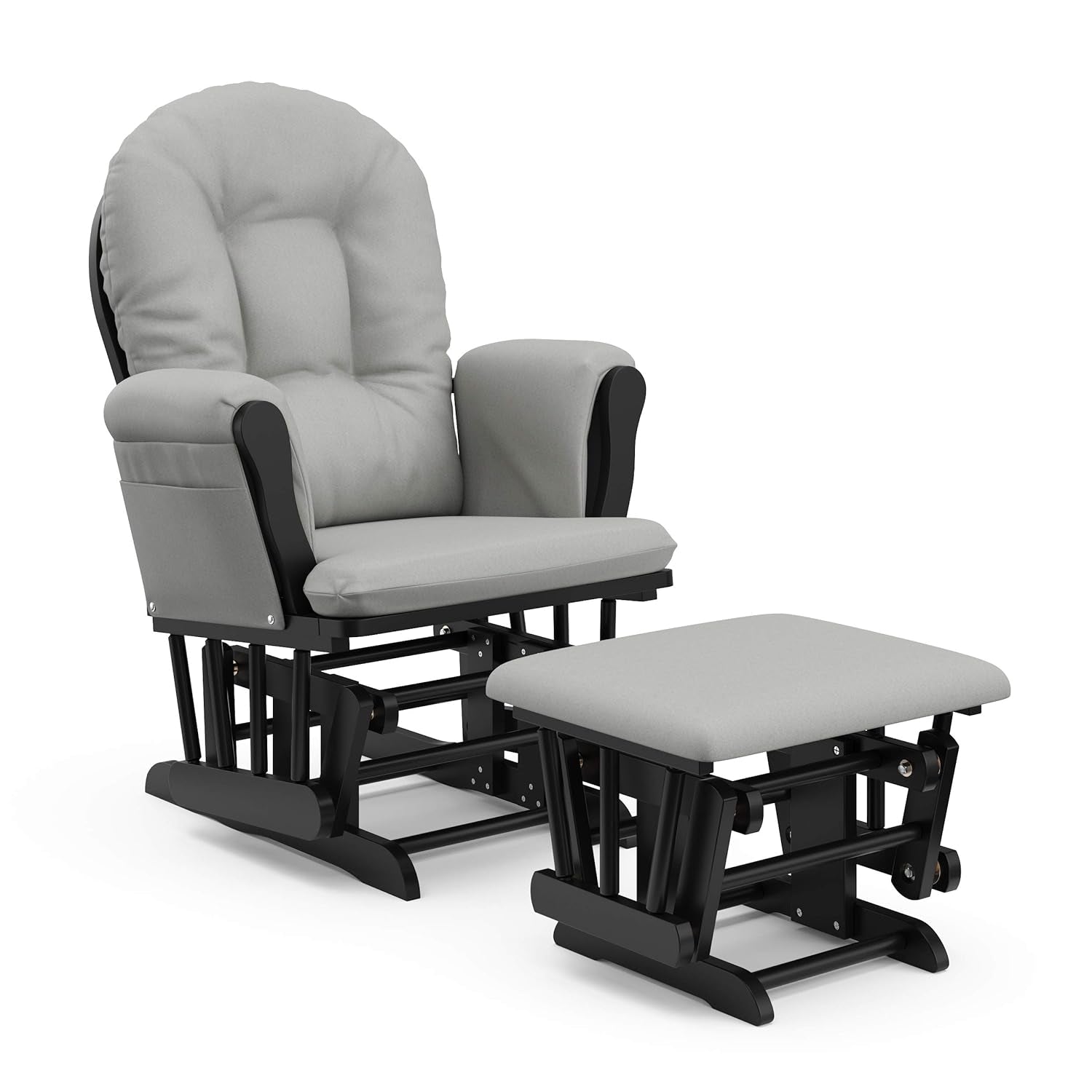 Black framed glider chair with light gray cushions and matching ottoman on white background