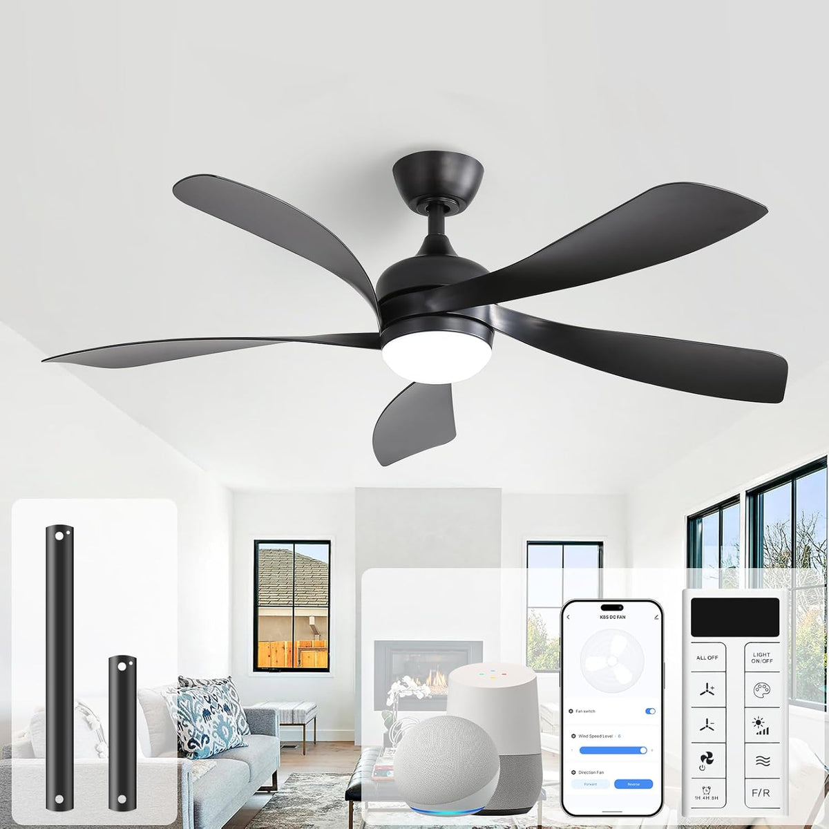 Ceiling fan with five matte black blades and round white light fixture in a modern living space.